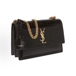 SAINT LAURENT YSL SUNSET bag, distressed gold Logo chain crossbody single-shoulder bag, medium size for women, black